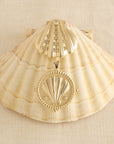 Stylized shot of clamshell coin and clamshell pendant on a real clamshell