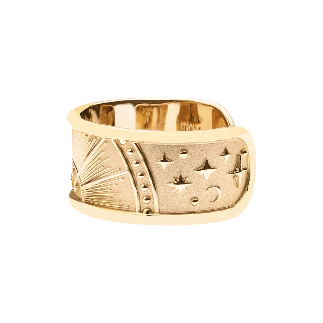 Side view of gold rising sun cuff shows crescent moon and star details