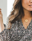 Gold wishbone necklace on model