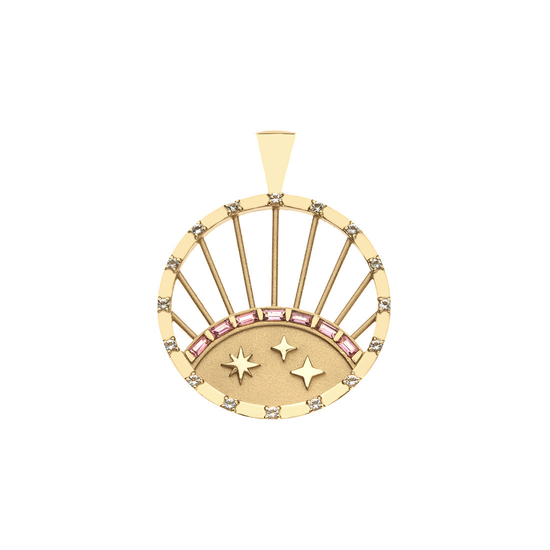 Gold coin pendant with sun design and cutout rays. Sun is accented with 3 stars and pink tourmaline stones, as well as white topaz stones along the border