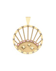 Gold coin pendant with sun design and cutout rays. Sun is accented with 3 stars and pink tourmaline stones, as well as white topaz stones along the border