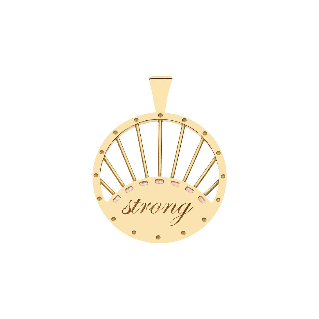 Back of the gold coin pendant features the word "strong" in script