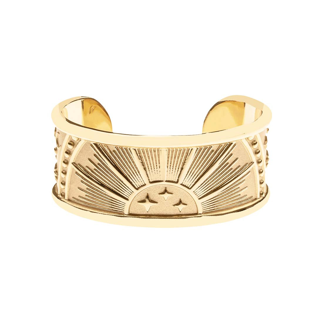Gold cuff bracelet with rising sun design and star details