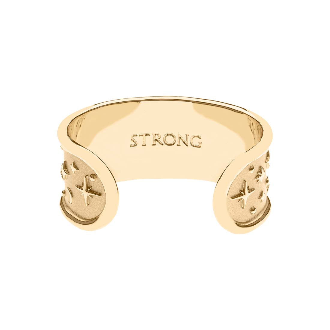 Inside of gold rising sun cuff with the word STRONG