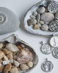 Silver coins styled with seashells