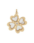 Front of gold 4 leaf clover pendant with pink shell detail and pink tourmaline center stone