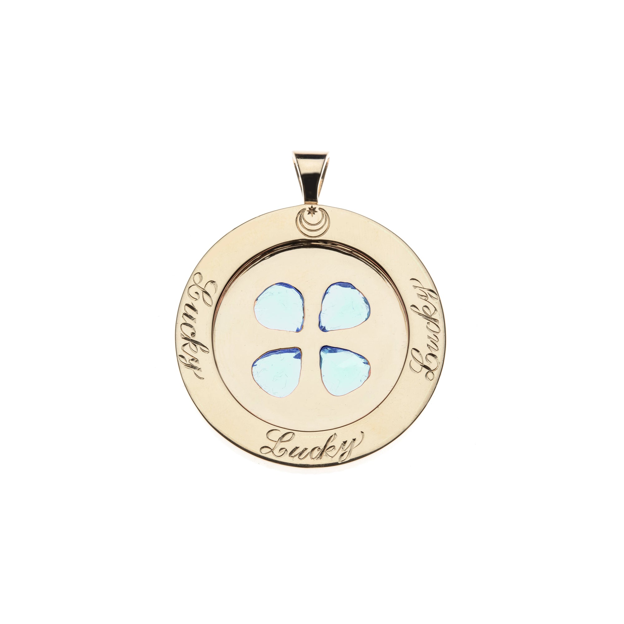 Back of gold lucky coin pendant has the word "Lucky" written in script 3 times
