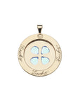 Back of gold lucky coin pendant has the word "Lucky" written in script 3 times