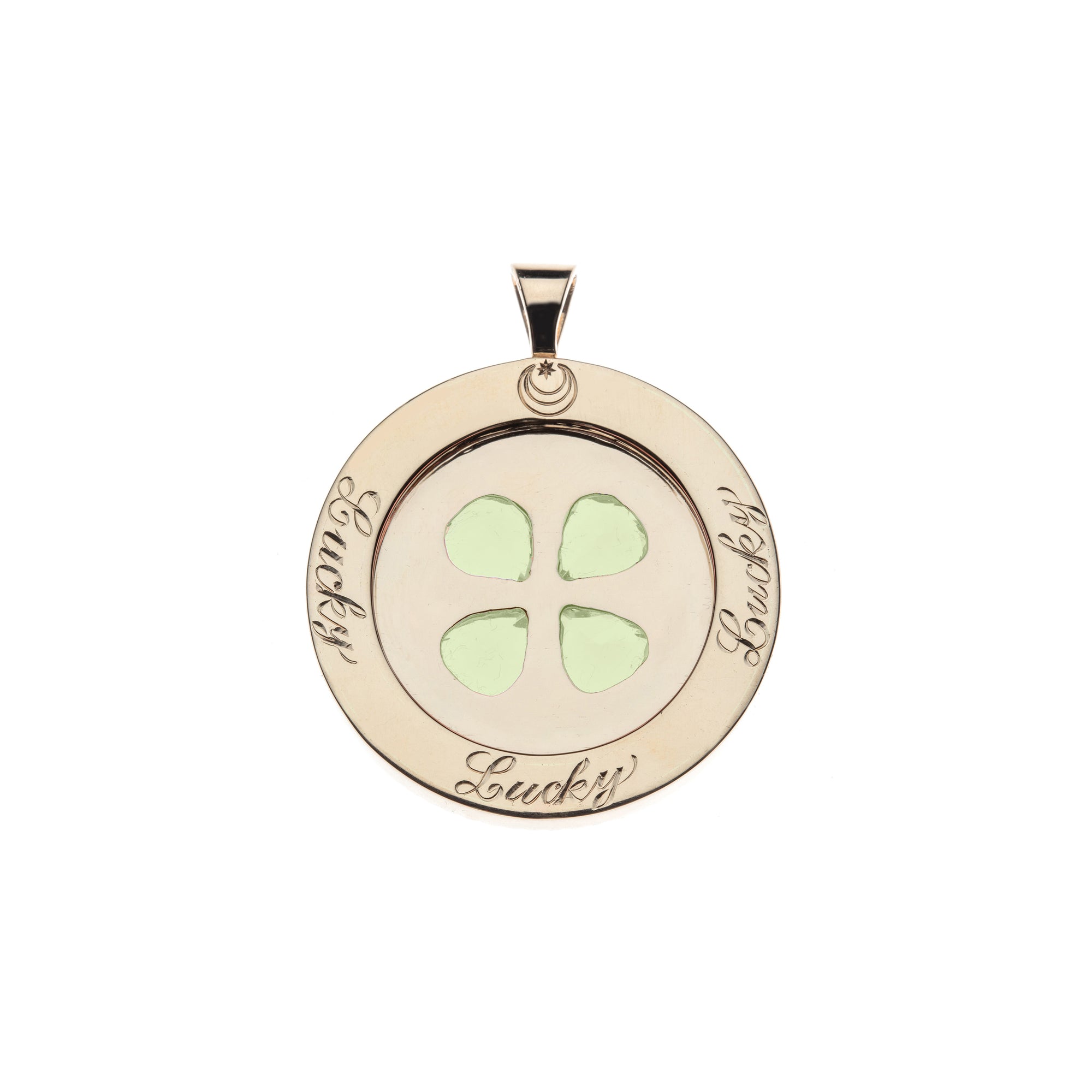 Gold coin pendant with "lucky" written in script 3 times