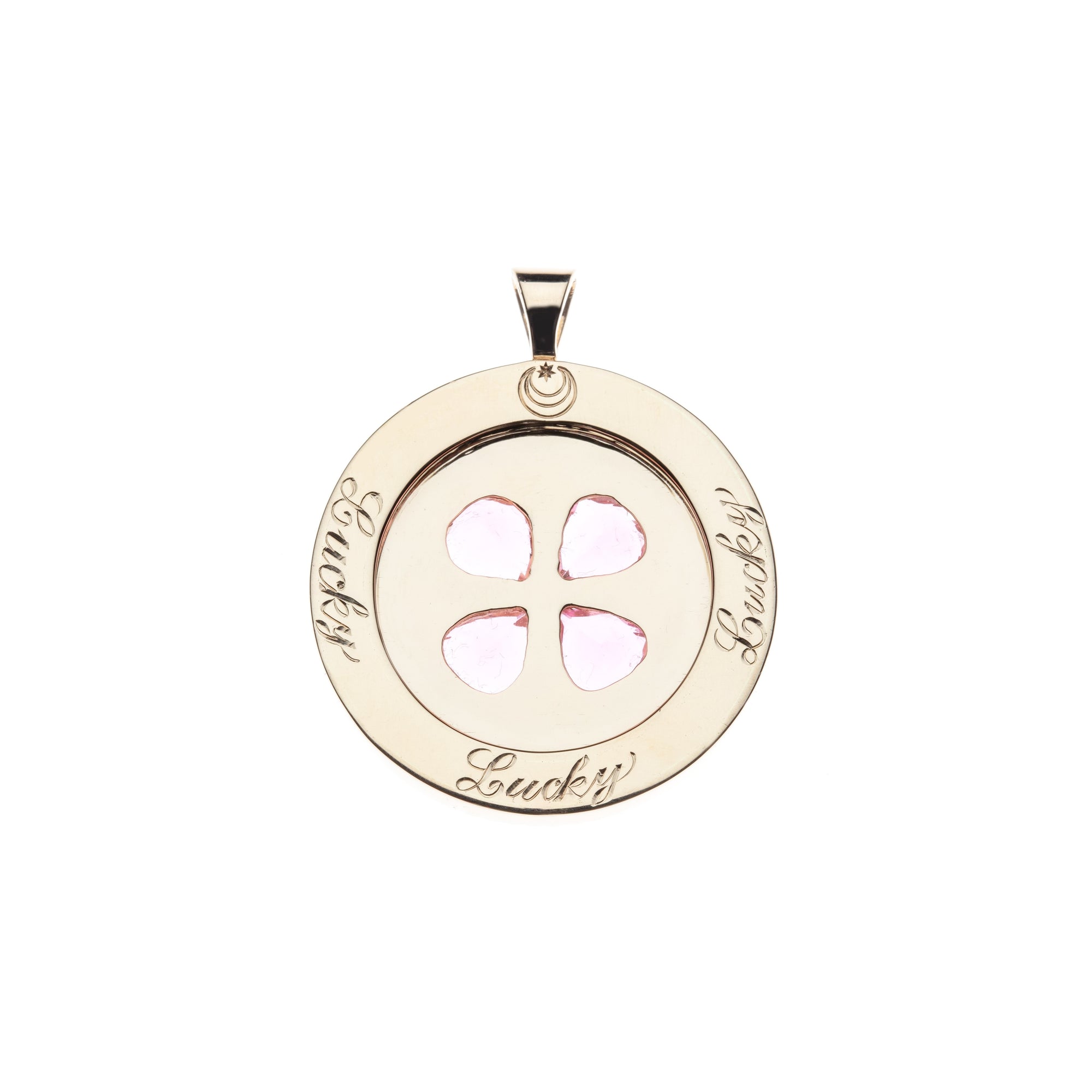 Back of gold lucky coin has "Lucky" written in script 3 times