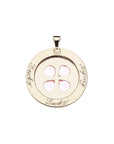 Back of gold lucky coin has "Lucky" written in script 3 times