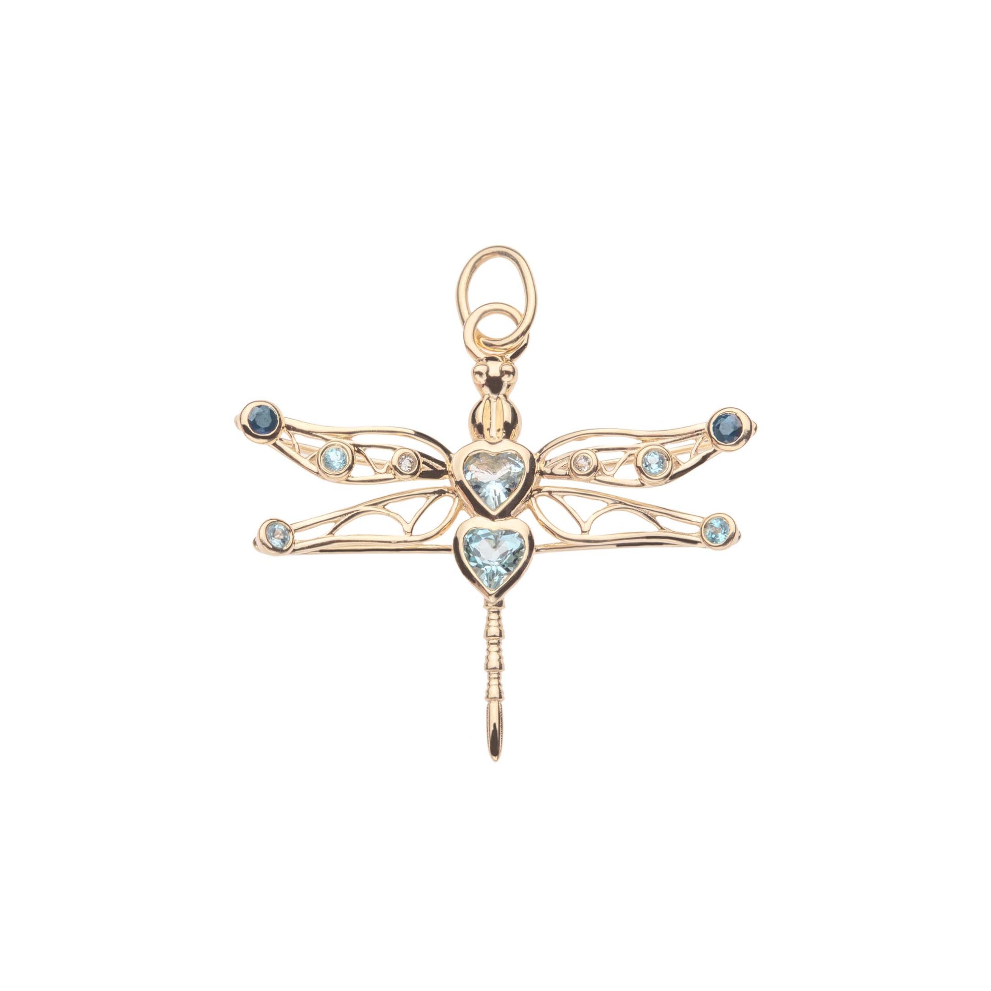 Gold dragonfly pendant featuring aquamarine and blue topaz accents