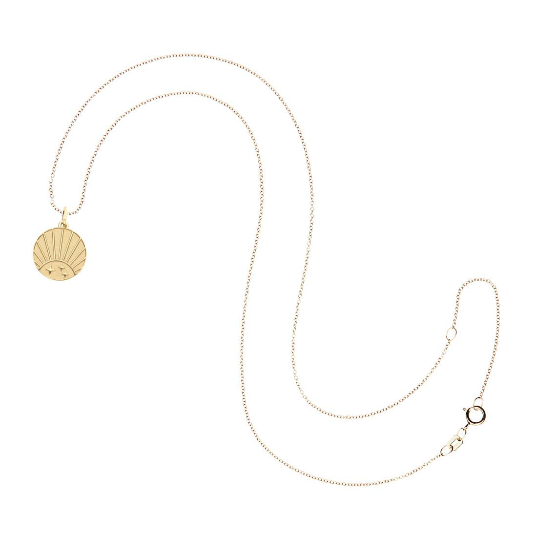Gold engravable rising sun coin on 10 karat adjustable chain