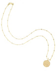 Gold engravable rising sun coin on 14 karat beaded satellite chain