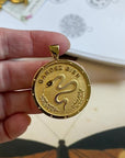 Gold Coin Pendant with Snake and French Gardez Bien (front) and sun and mood image with Protect word (back)