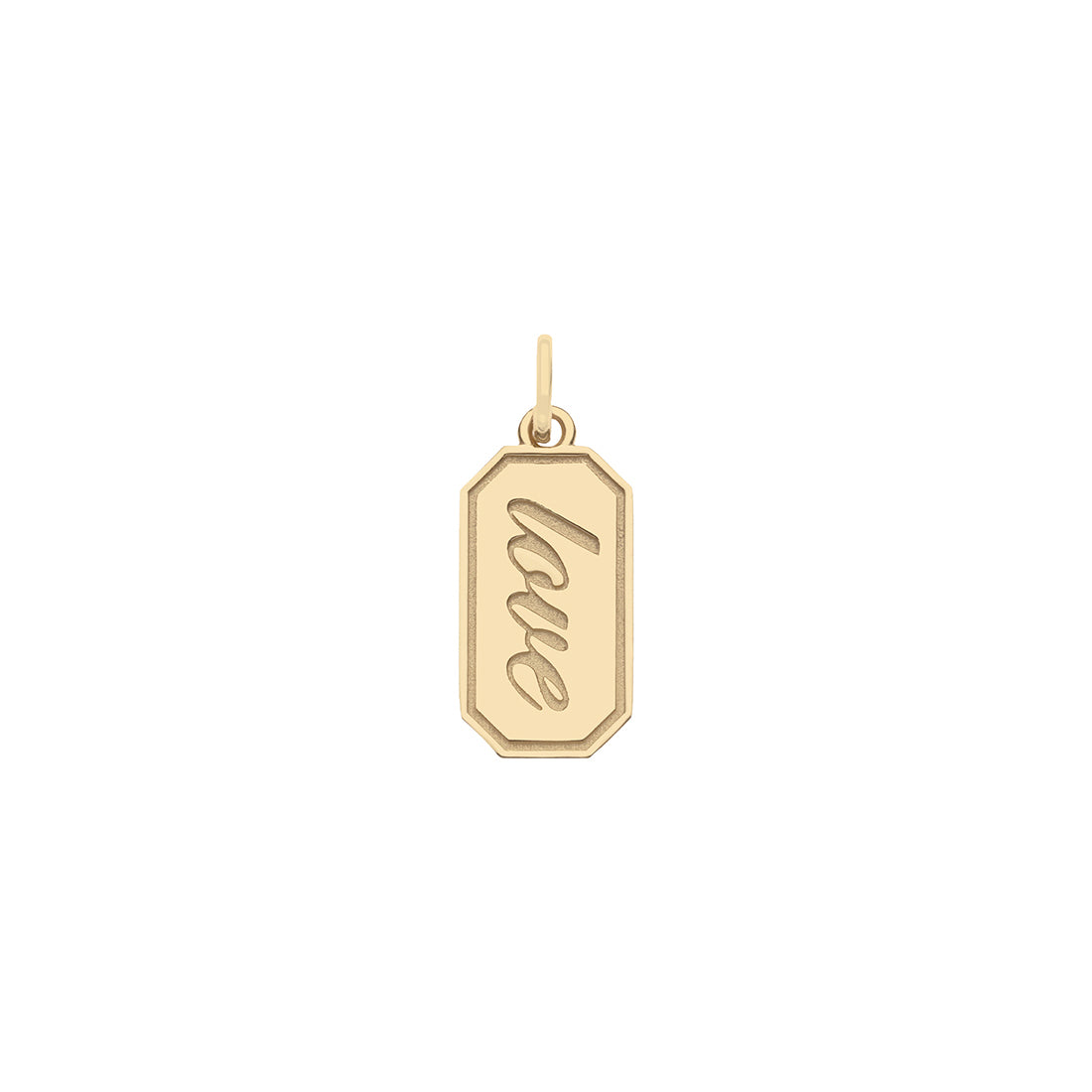 Front of gold engravable love tag pendant features the word " love" in a script font