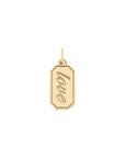 Front of gold engravable love tag pendant features the word " love" in a script font