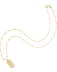 Gold engravable love tag on 18 karat beaded satellite chain