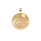 Gold coin pendant with illustration of the rays of the sun, waves, and a heart