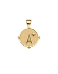 Gold letter A coin pendant with start detail