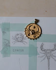Gold original Cancer coin pendant next to sketch of a crab and scorpion
