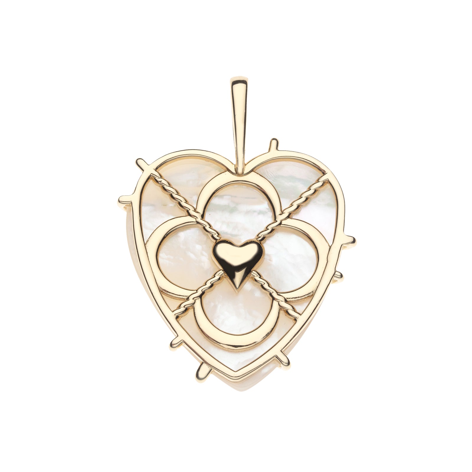 Back of mother of pearl heart pendant with gold quatrefoil design and small heart