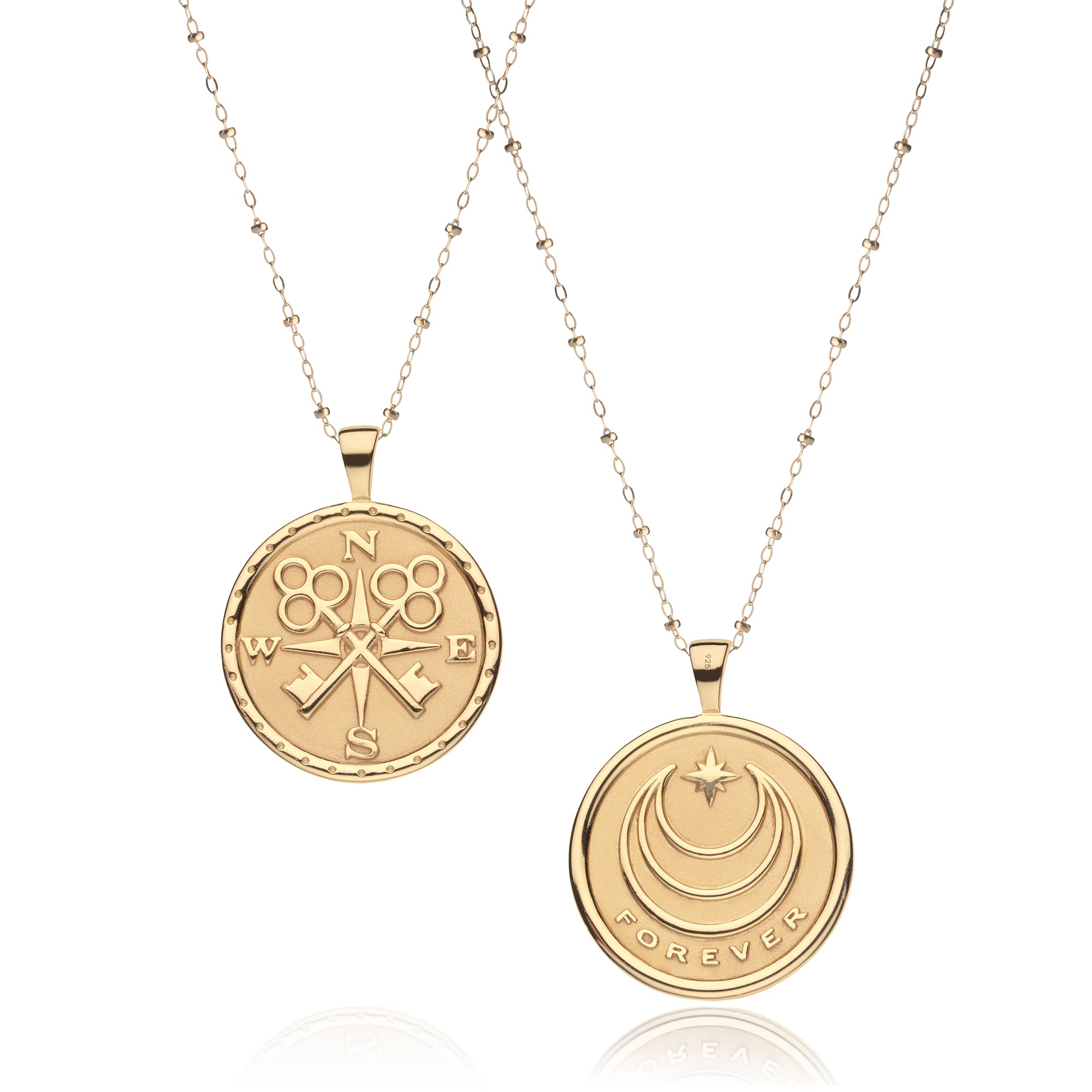 Gold Coin Pendant with Compass and Key design (front) and Moon and Star Logo and word FOREVER underneath (back)