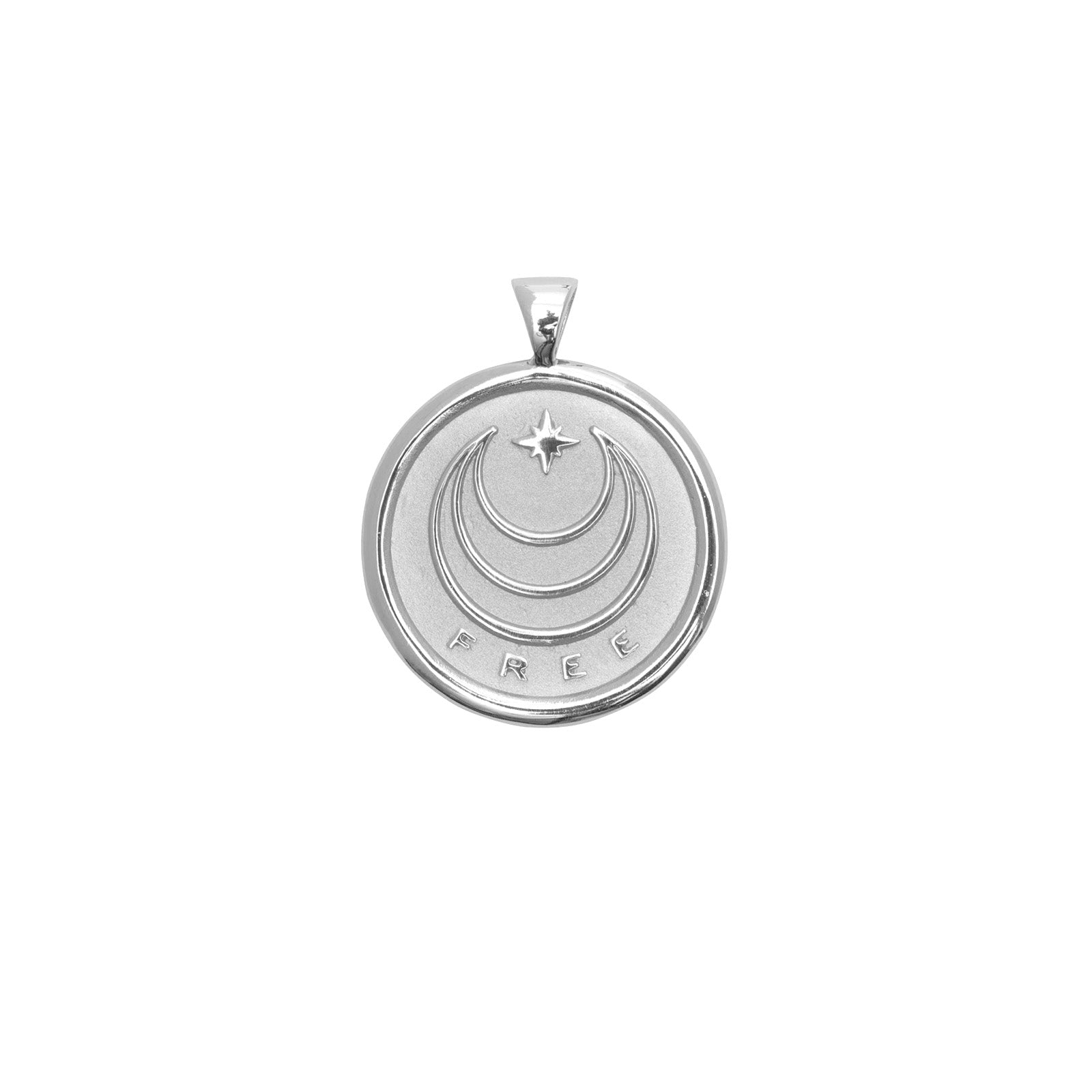 Silver Coin Pendant with Jane Win moon and star logo and word FREE