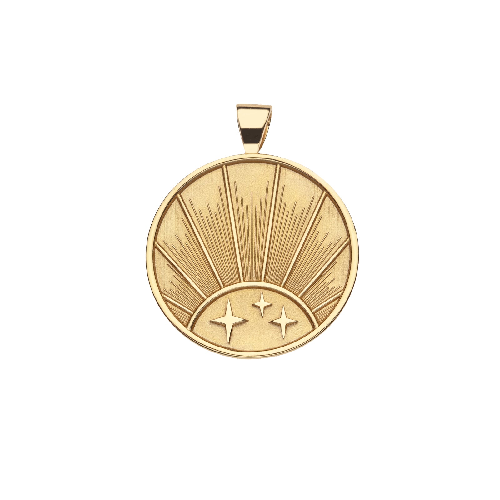 Gold Coin Pendant with three stars and a Rising Sun Illustration