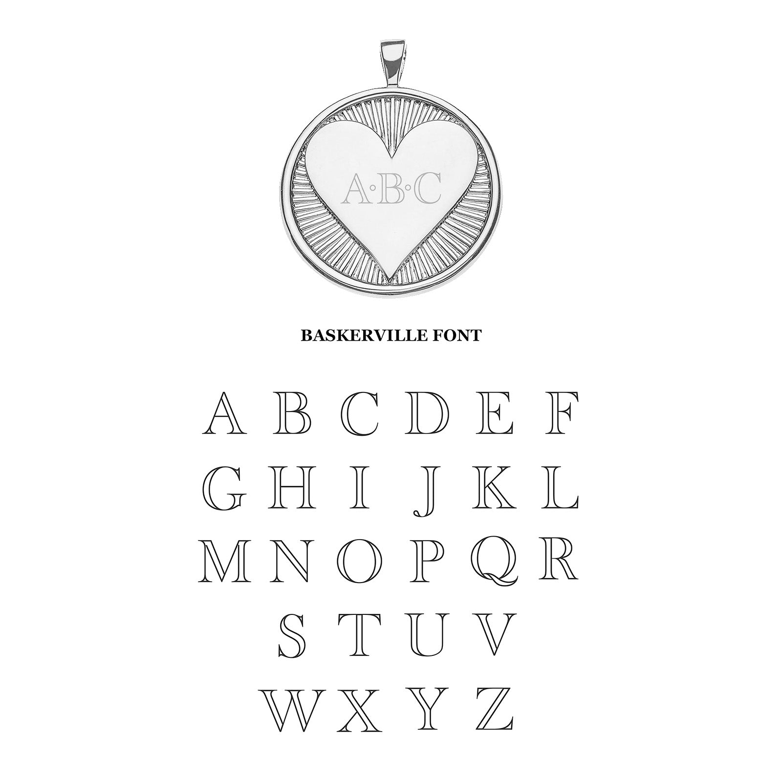 Silver heart coin with Baskerville font 
engraving option
