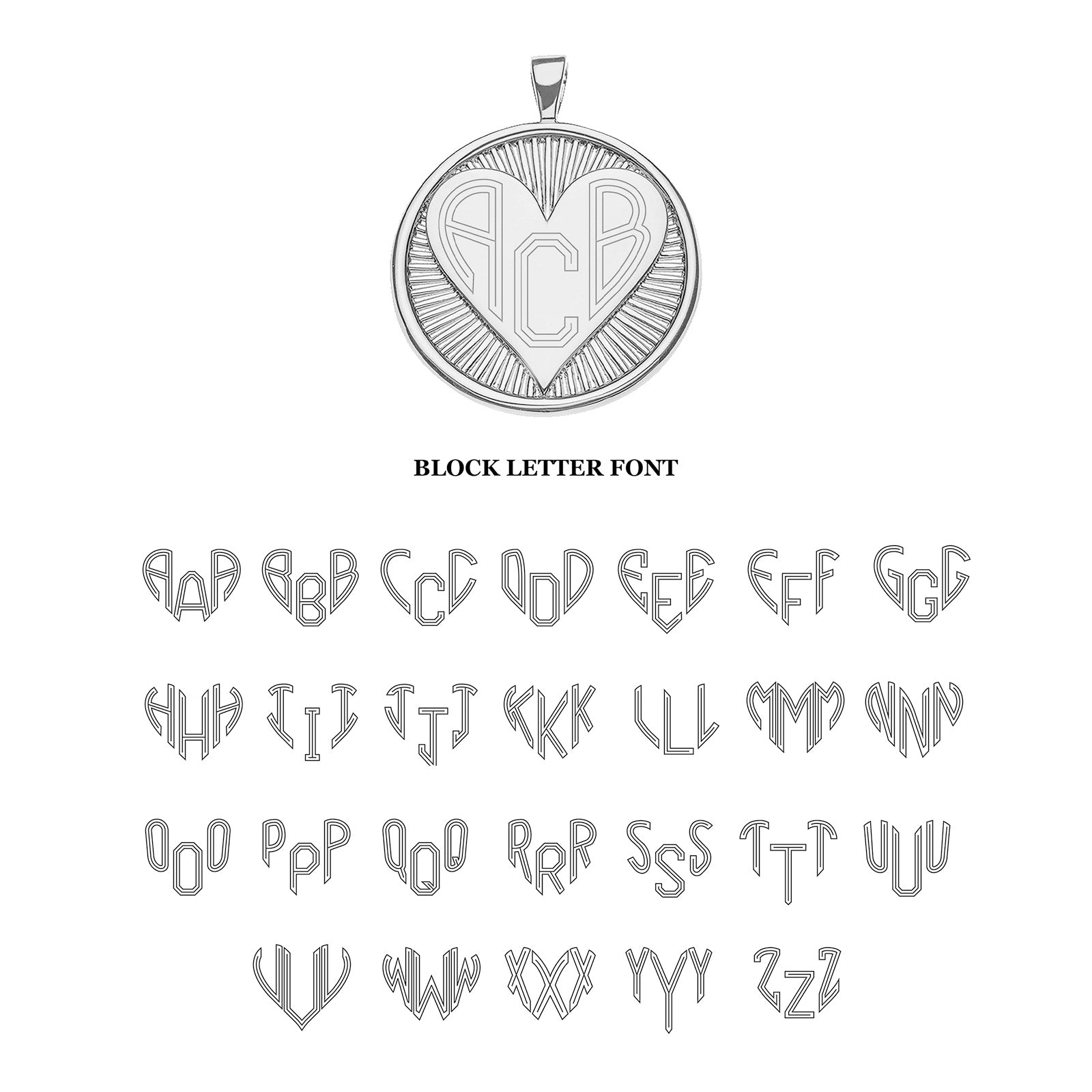 Silver heart coin with block letter font 
engraving option