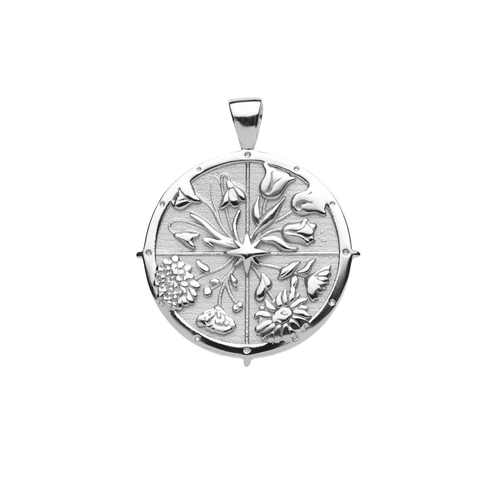 Silver Coin Pendant with floral design in four quadrants