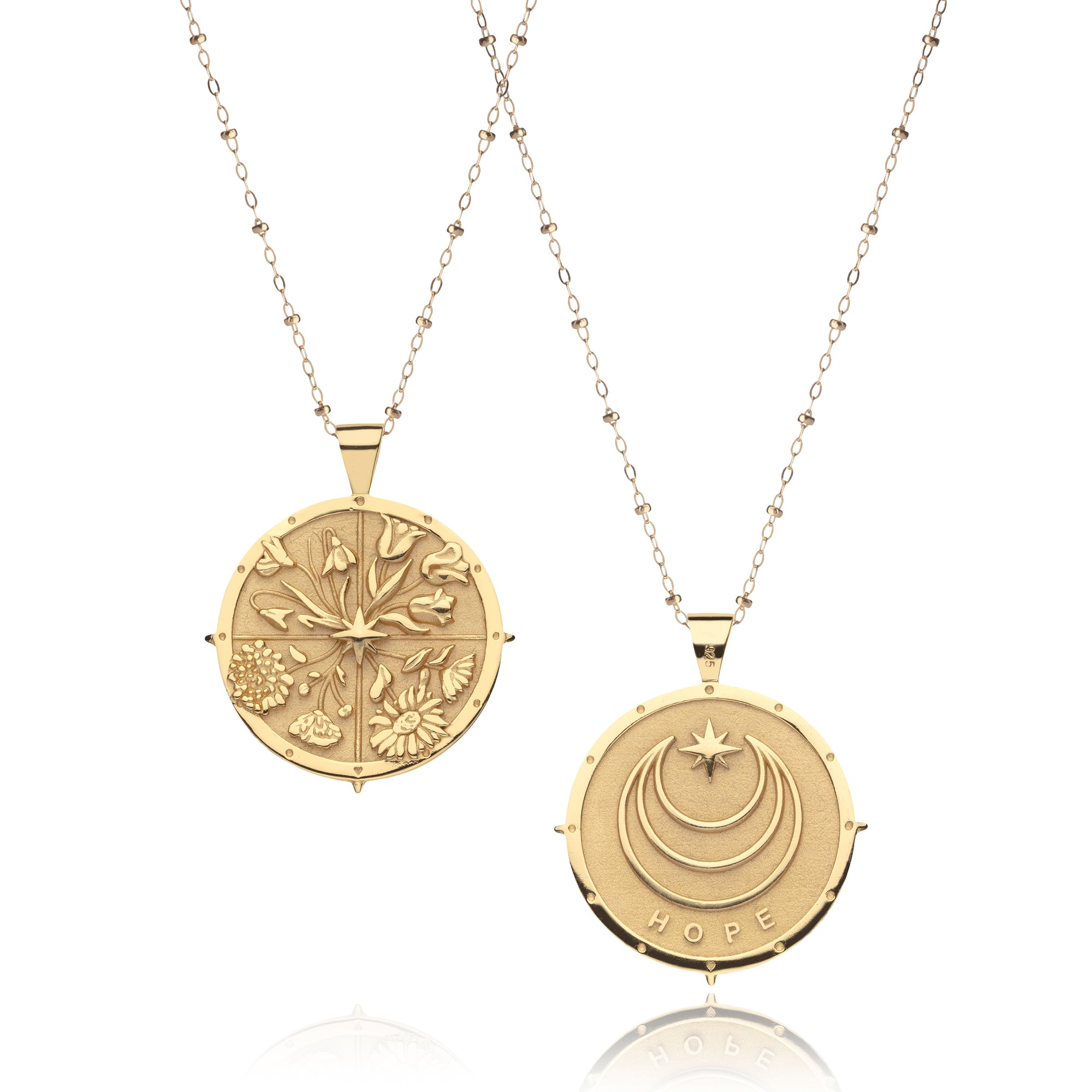 Gold Coin Pendant with Four Seasons of Flowers (front) and word HOPE (back)