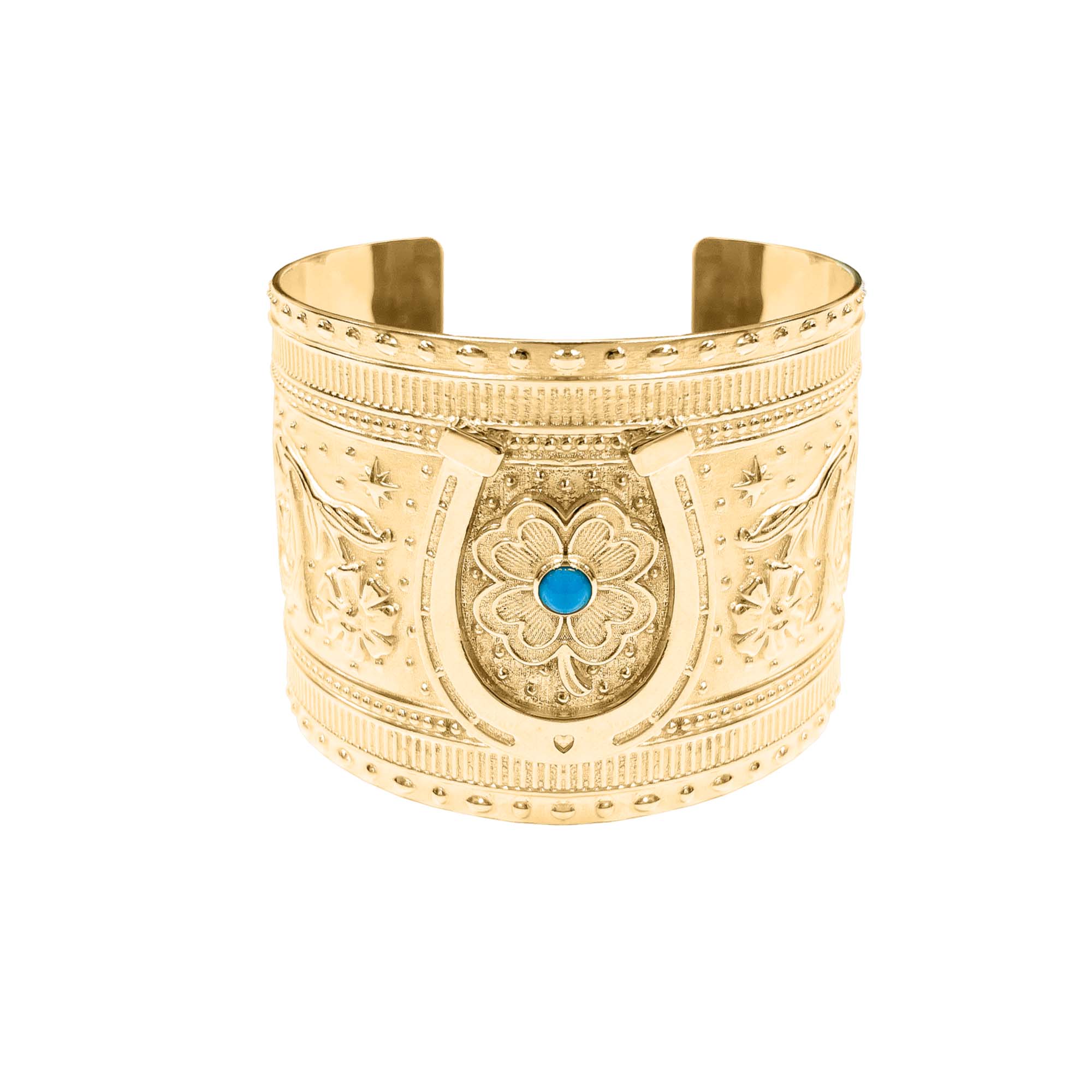 Gold cuff with horseshoe and 4 leaf clover with turquoise accent