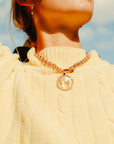 Gold Coin Necklaces Layered on Model