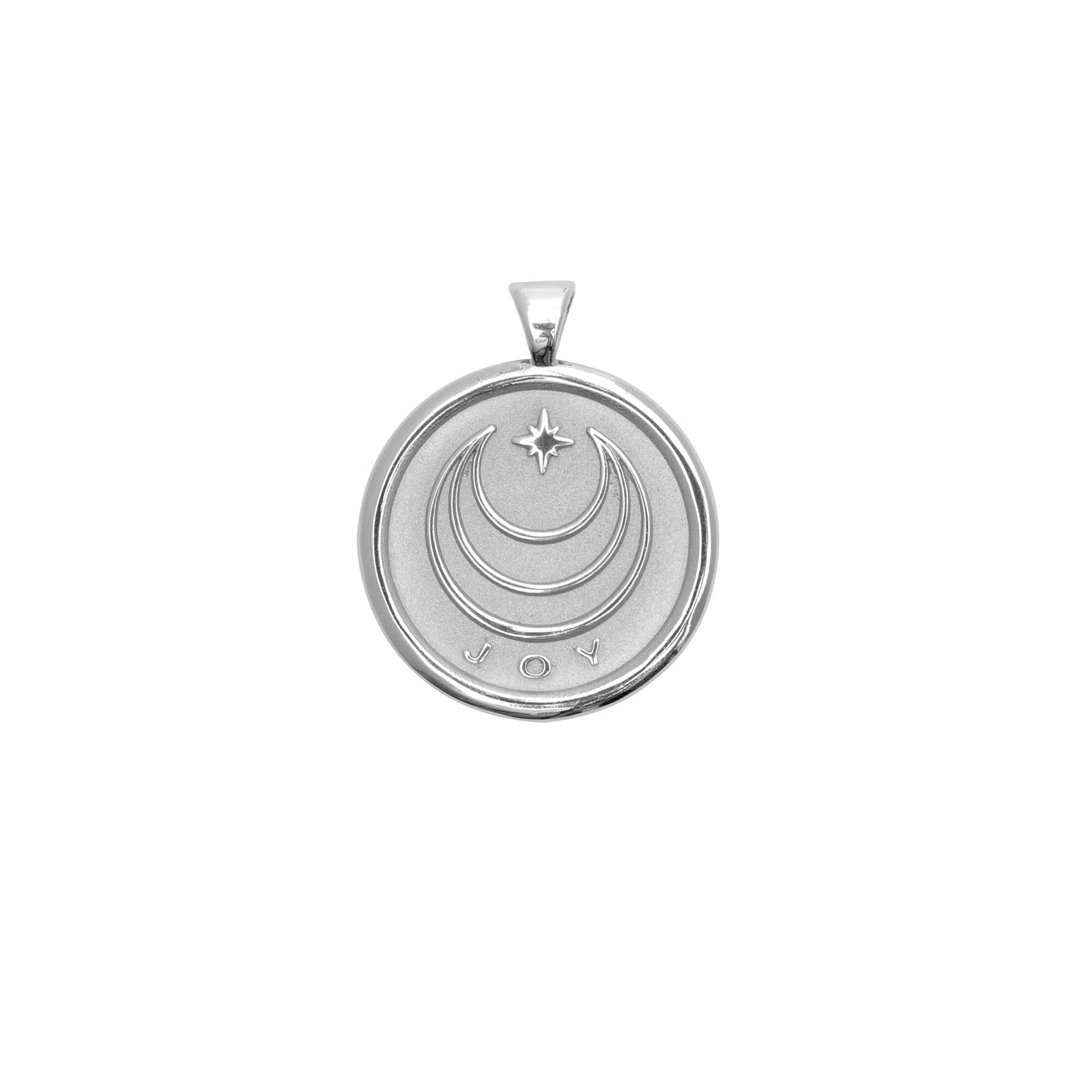 Silver Coin Featuring Moon and Star Logo and word JOY underneath