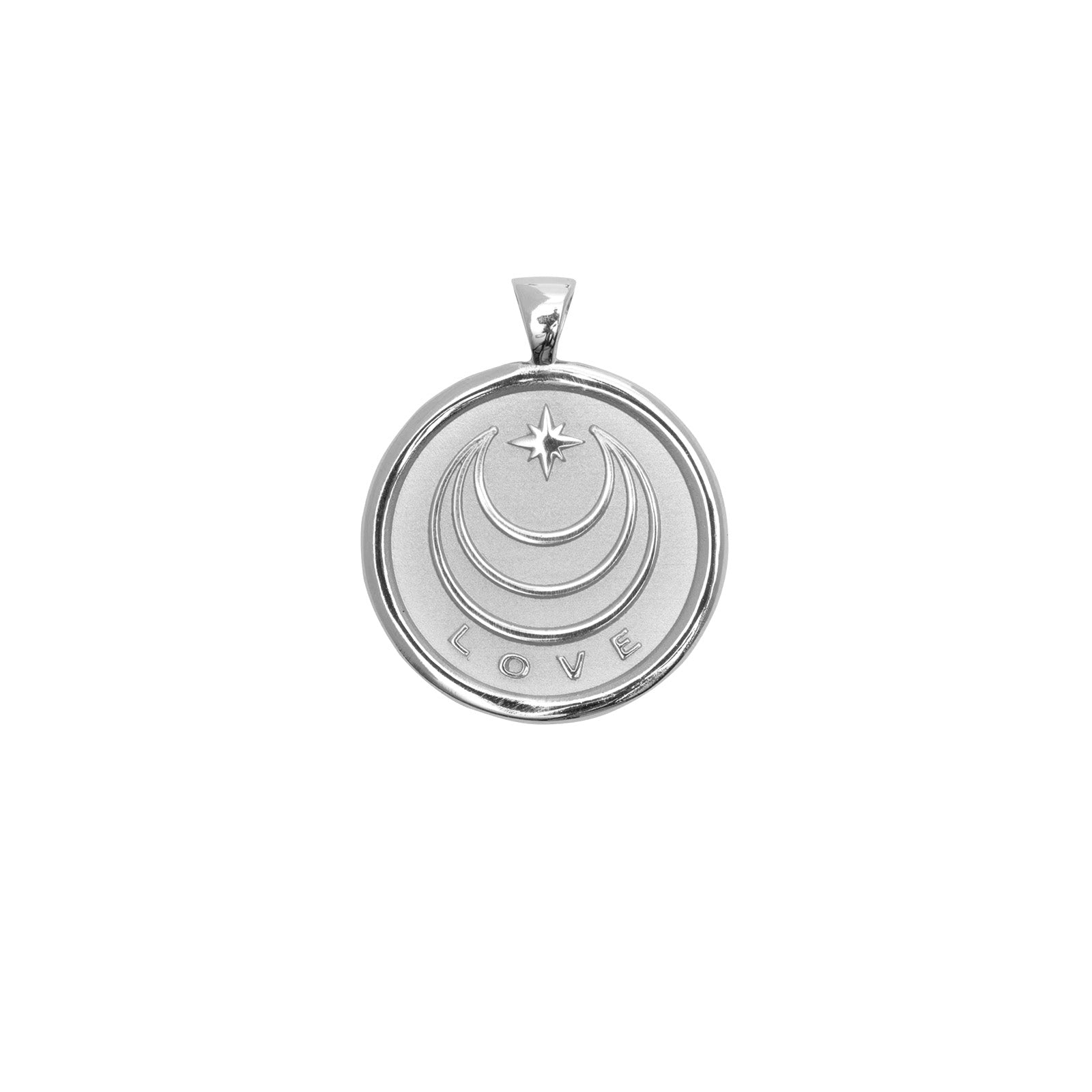 Silver Small Coin Pendant with Jane Win moon and star logo and word LOVE