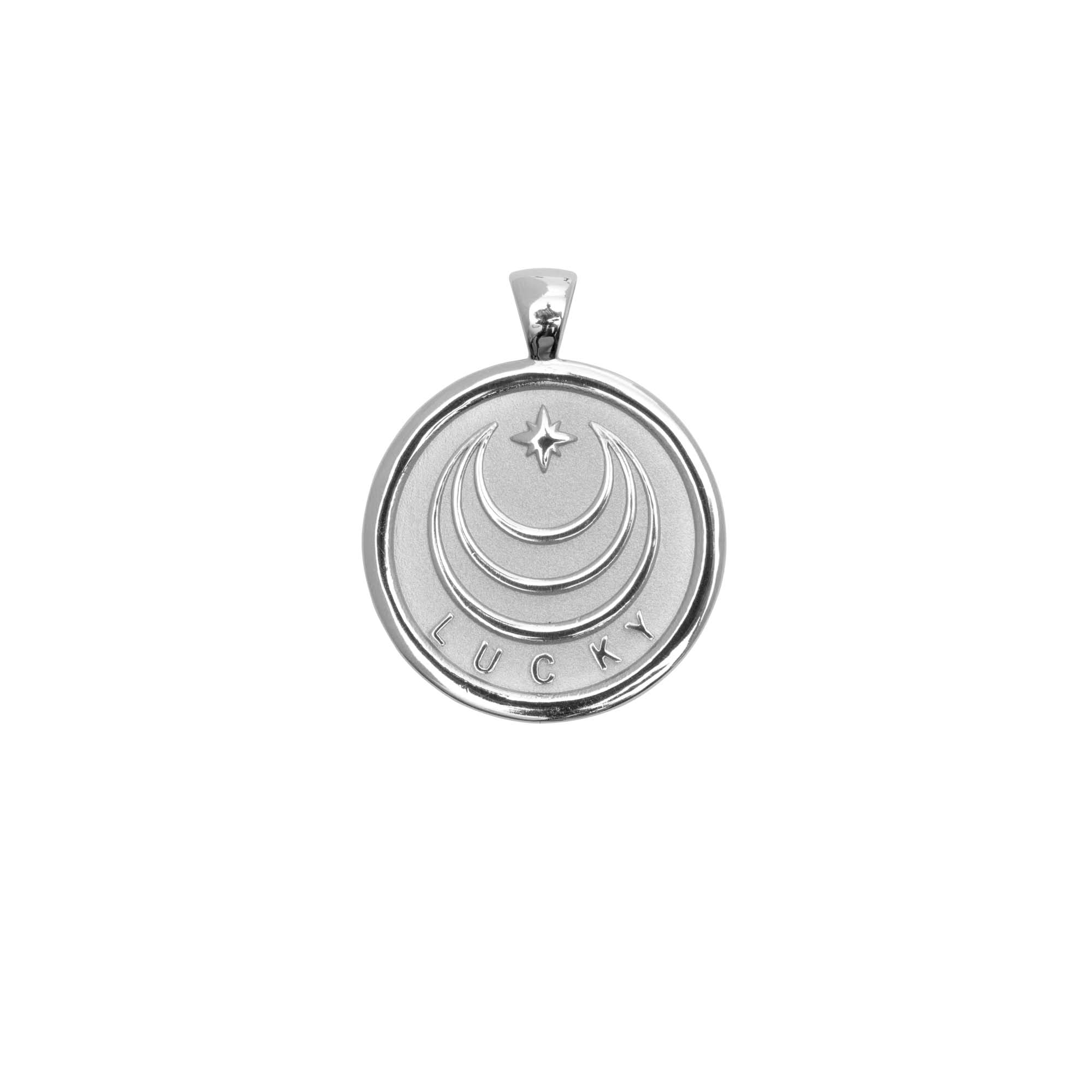 Silver Small Coin Pendant with Jane Win moon and star logo and word LUCKY underneath