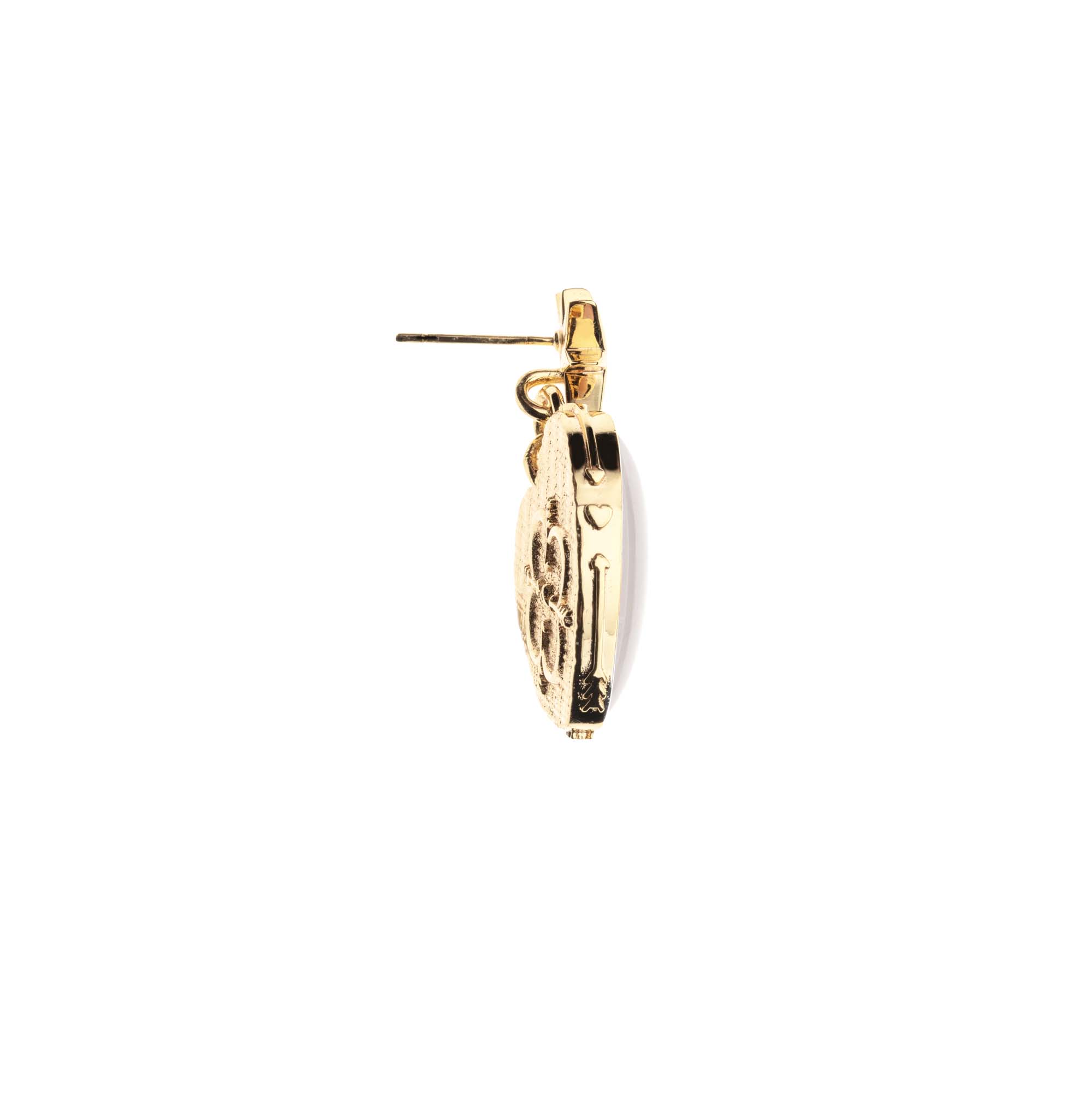 Side view of heart drop earring shows gold setting