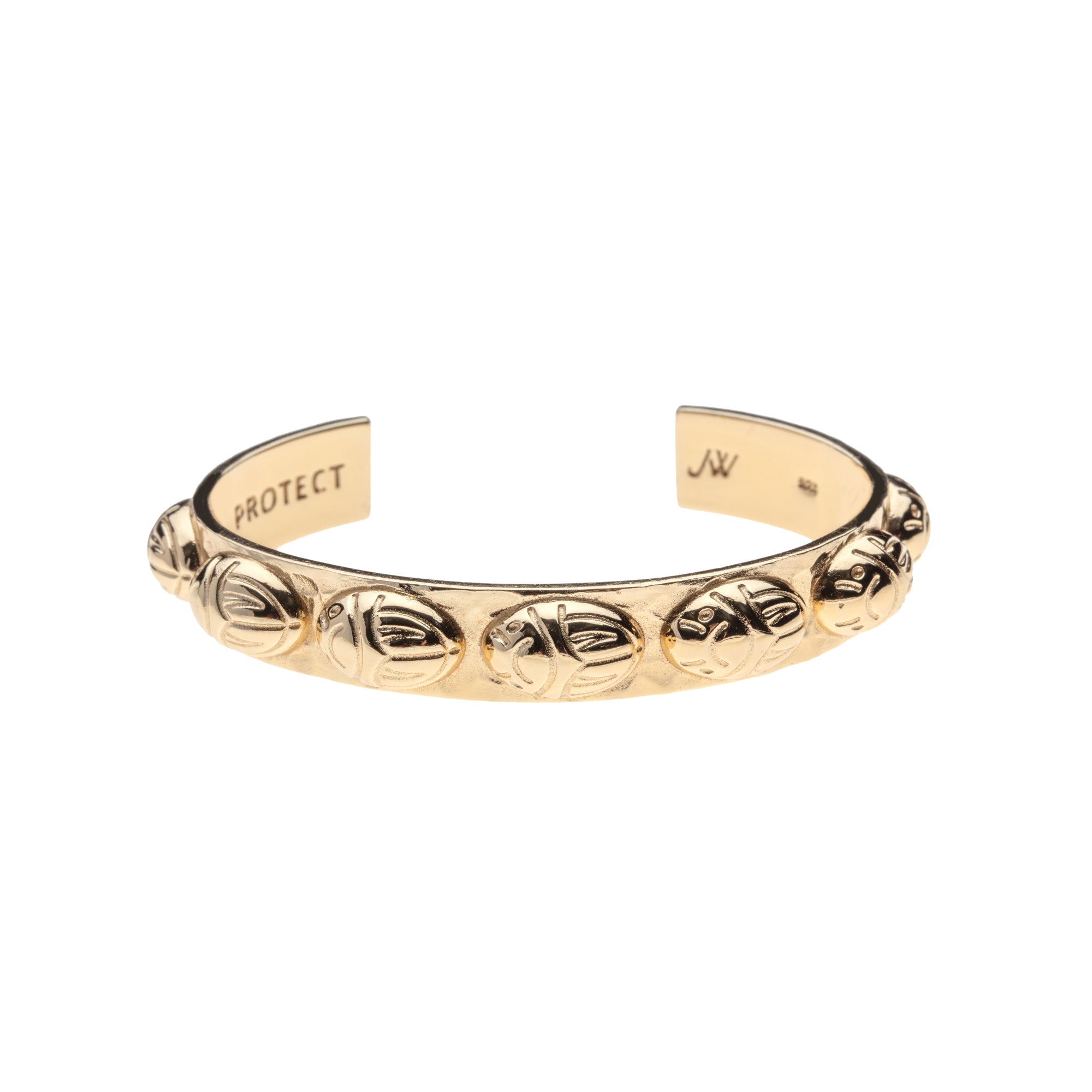 Gold cuff bracelet with repeating scarab design