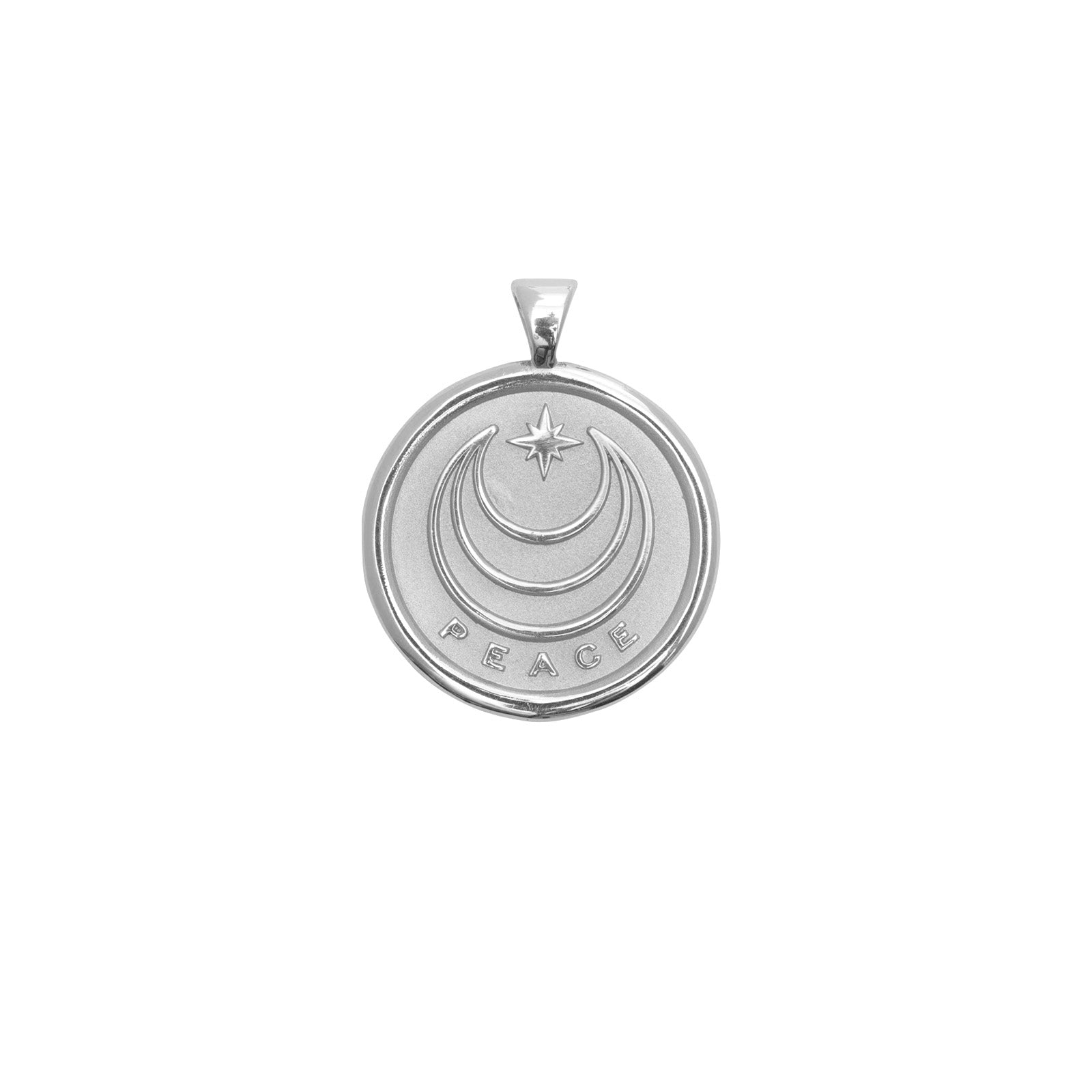 Jane Win silver coin pendant moon and star logo and word PEACE underneath