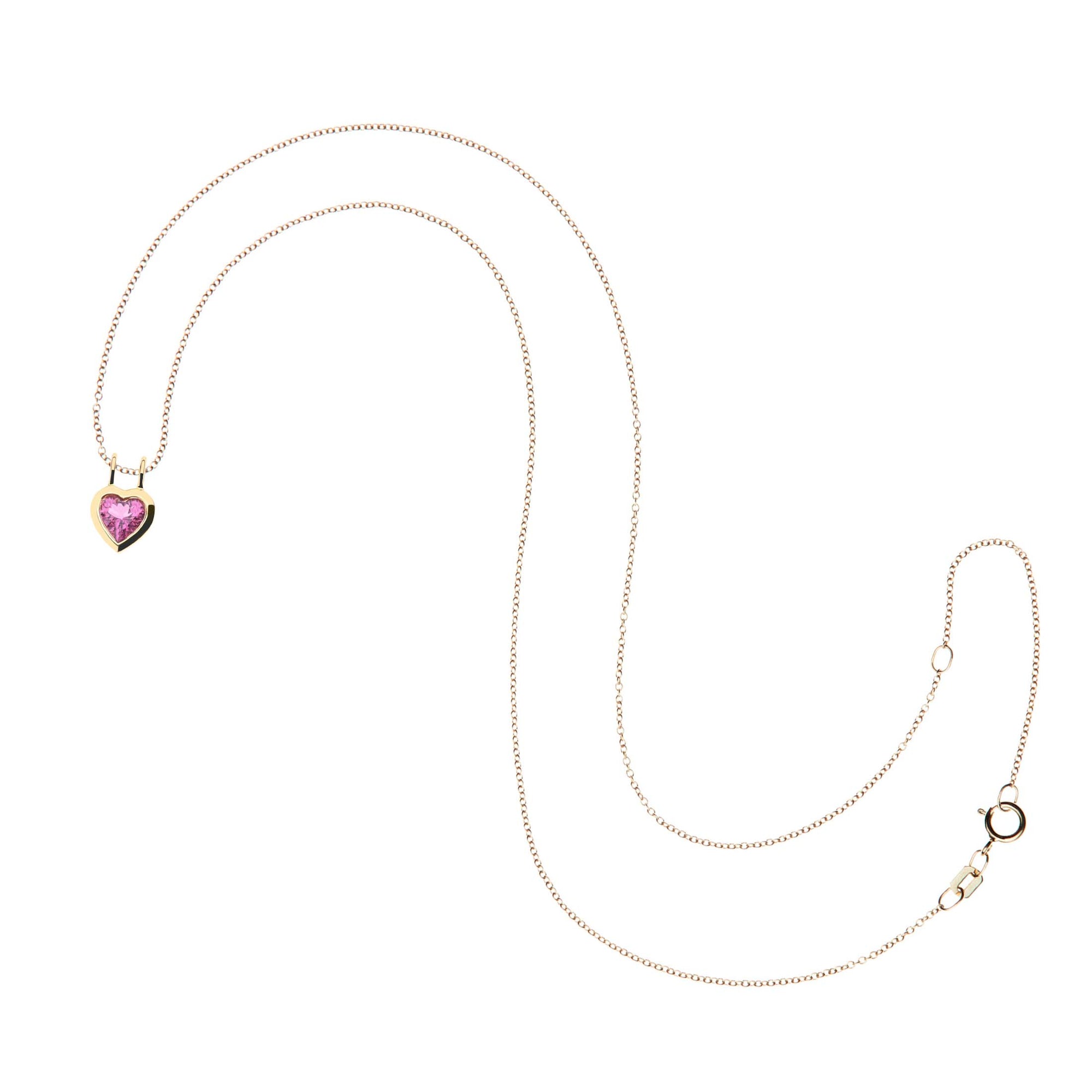Gold heart pendant in pink tourmaline on 10 karat adjustable chain
