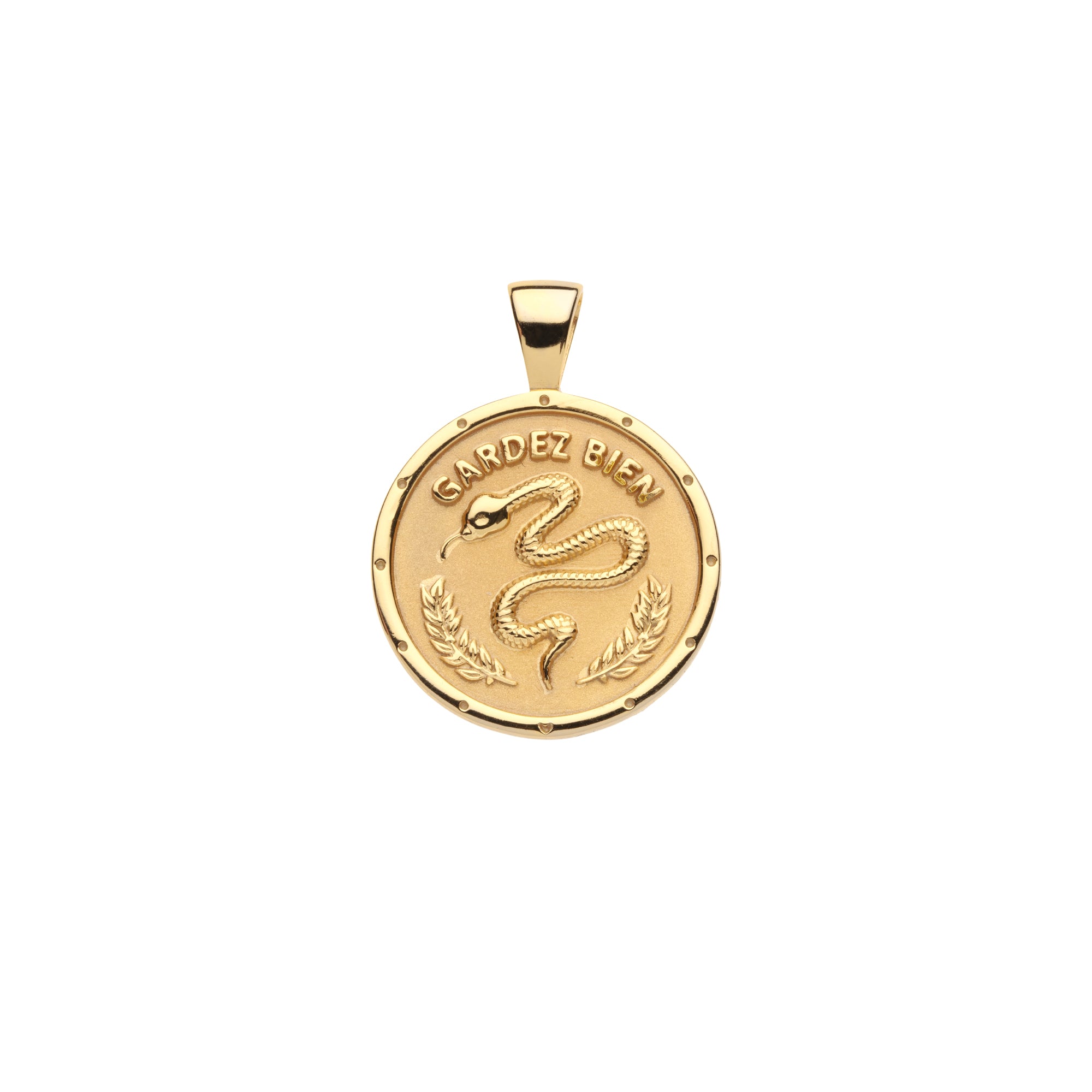 Gold Small Coin Pendant with Snake and French Gardez Bien (translation Guard Well)