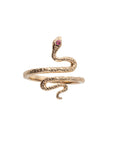 Gold snake ring with pink tourmaline accent on snake head