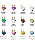 Gold heart pendants with each month's birthstone