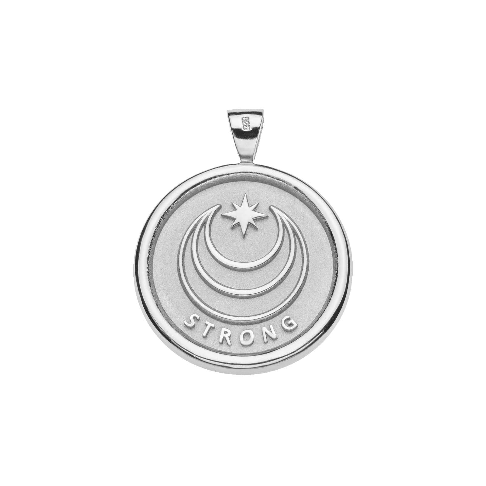 Silver Coin Pendant with Jane Win moon and star logo and word Strong underneath