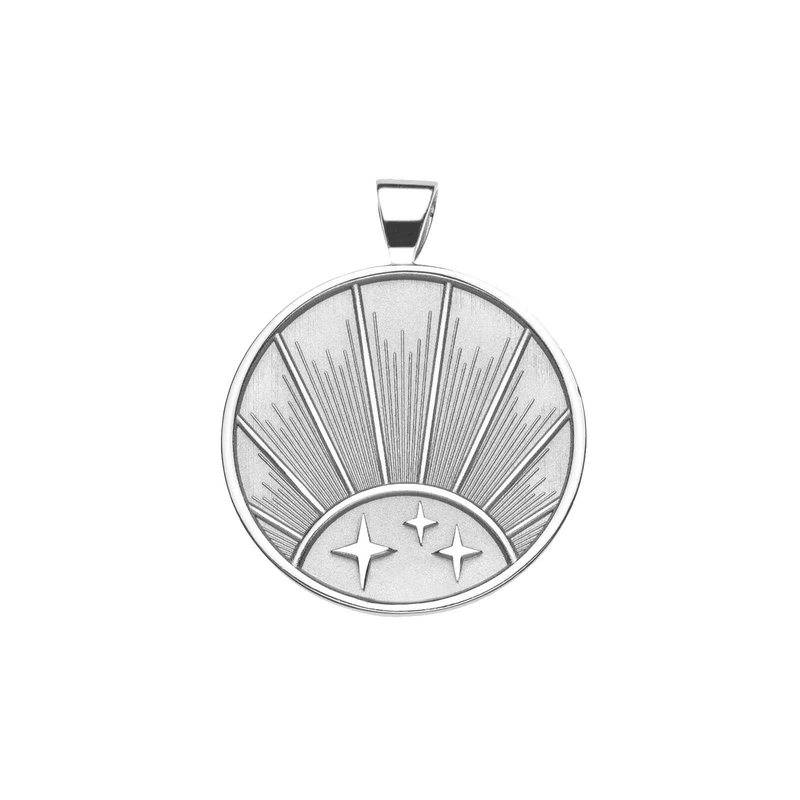 Silver Coin Pendant with three stars and a Rising Sun Illustration