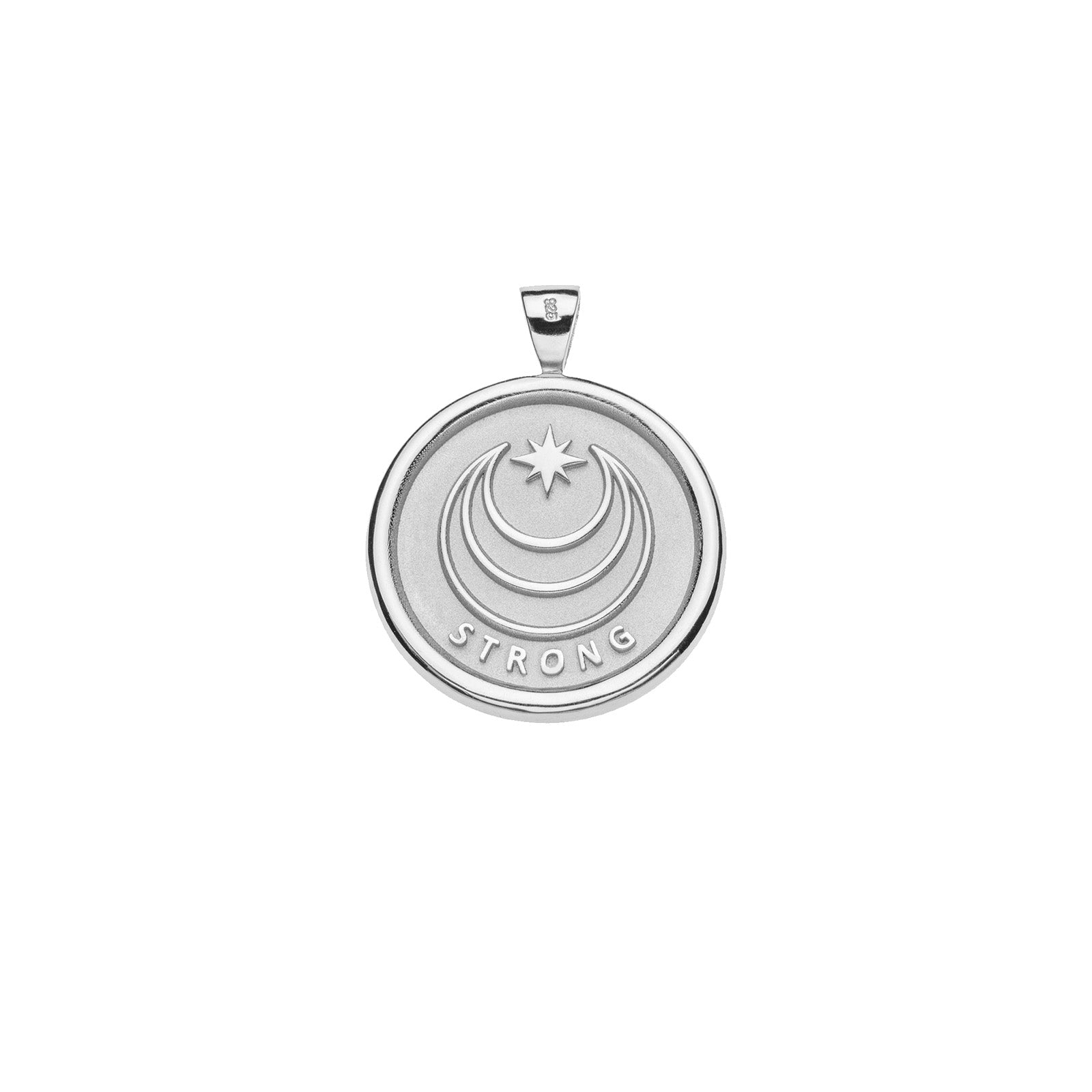 Silver Coin Pendant with Jane Win moon and star logo and word Strong