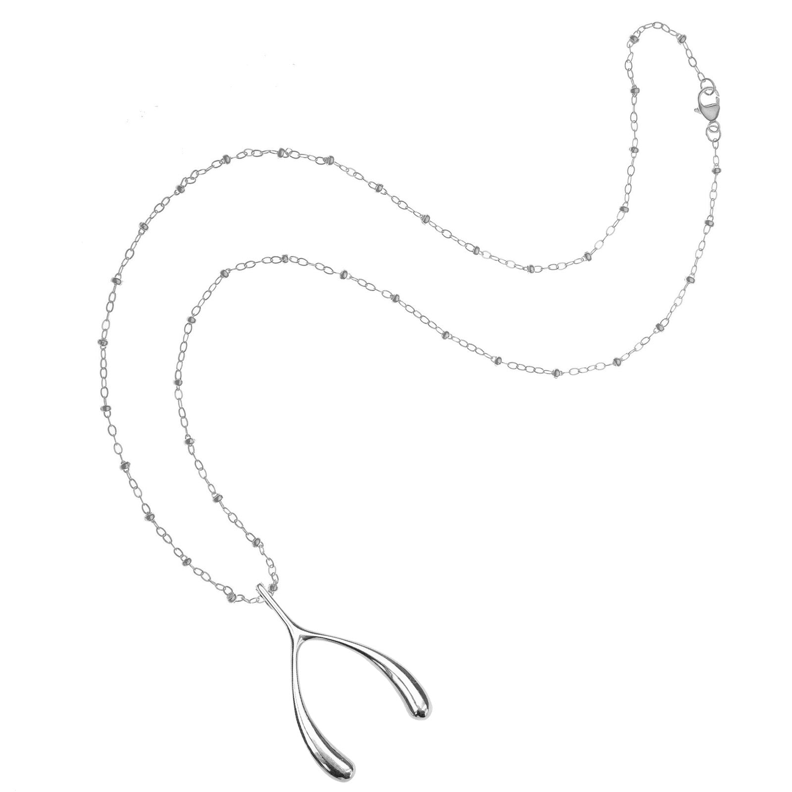 Silver wishbone pendant on satellite chain