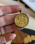 Gold Coin Pendant with Snake and French Gardez Bien (front) and sun and mood image with Protect word (back)